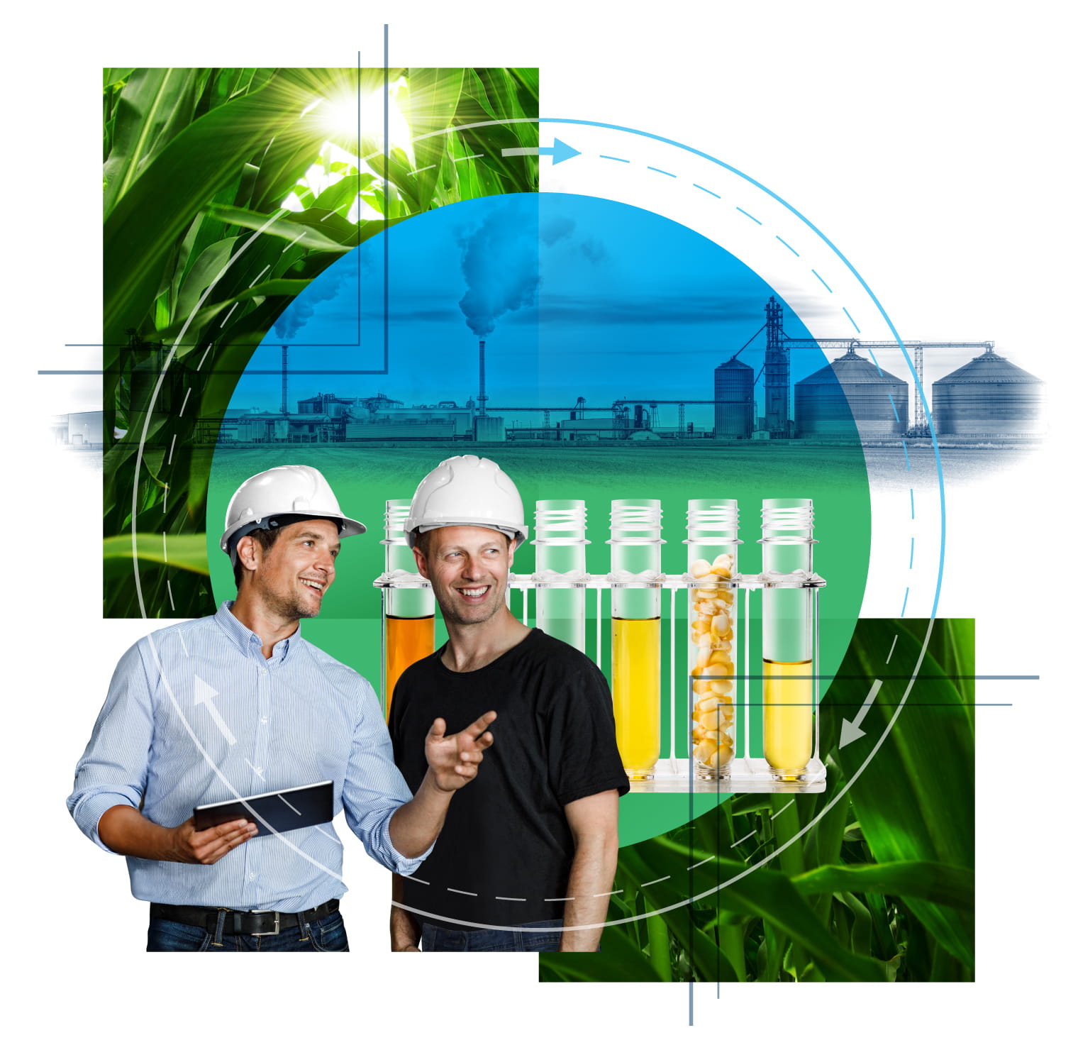 composite image showing two men in front of a stylized background for ethanol plants